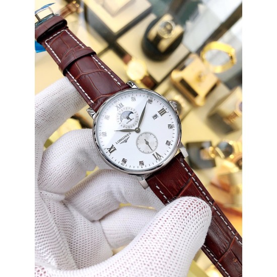 品牌:浪琴-LONGINES 表带:进口小牛皮/316精钢机芯:全自动机械机芯玻璃:高级强化镀膜镜面尺寸:直径40mm,厚度12mm 品牌:浪琴-LONGINES 表带:进口小牛皮/316精钢机芯:全自动机械机芯玻璃:高级强化镀膜镜面尺寸:直径40mm,厚度12mm