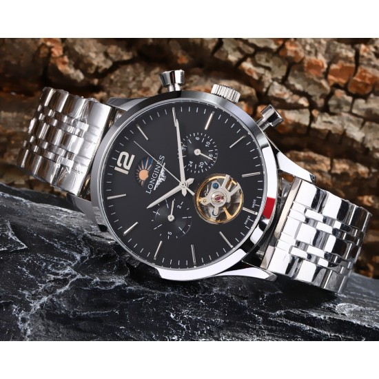 实物拍摄品牌：浪琴-LONGINES 百分百防水类型：[酷]男士腕表表壳：316精钢（做工优质）表带：进口小牛带/316精钢（两种可选）机芯：高级定制全自动机械机芯（走时稳定）玻璃：高级强化镀膜镜面尺寸：直径43mm，厚度13mm