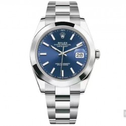 ROLEX 劳力士 蚝式恒动日志型41mm系列腕表，直径41mm，经典的蚝式表壳搭配三角坑纹外圈，把头采用旋入式设计，抗刮损蓝水晶玻璃，防反光凸透式放大（2.5倍）日历窗，隐蔽式摺叠皇冠带扣，矜持有度秀而不媚 恒久优雅！
