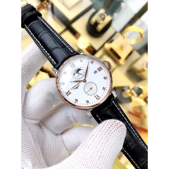 品牌:浪琴-LONGINES 表带:进口小牛皮/316精钢机芯:全自动机械机芯玻璃:高级强化镀膜镜面尺寸:直径40mm,厚度12mm 品牌:浪琴-LONGINES 表带:进口小牛皮/316精钢机芯:全自动机械机芯玻璃:高级强化镀膜镜面尺寸:直径40mm,厚度12mm