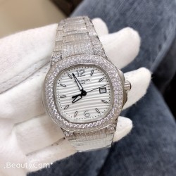 百达翡丽鹦鹉螺系列，女款外径33mm，瑞士原装进口石英585-3机芯，采用原装进口316不锈钢材质，永不磨损蓝宝石镜面，手工镶嵌施华洛世奇水钻，30米深度防水，