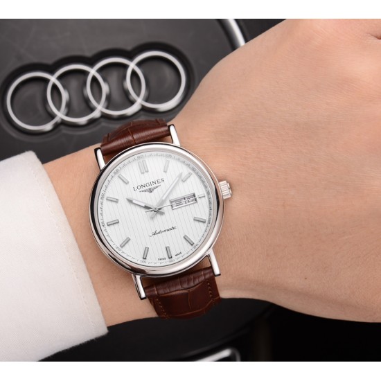 浪琴(LONGINES)✨✨✨火爆新品 搭载瑞士全自动机械机芯  316精钢表壳 大气三针双历设计 简约时尚 优雅尊贵 进口镀膜超强镜面 真牛皮表带 商务休闲 精致型男首选 [玫瑰][玫瑰][玫瑰] 直径42mm 厚11mm