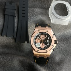 JF推荐：爱彼皇家橡树离岸型系列26470OR.OO.A002CR.02腕表，红金表壳，黑色表盘镌刻“Mga Tapisserie”超大型格纹装饰，搭配玫瑰金色副表盘，玫瑰金荧光立体时标和皇家橡树指针，黑色内表圈，3126型自动机械，42毫米。