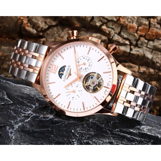 实物拍摄品牌：浪琴-LONGINES 百分百防水类型：[酷]男士腕表表壳：316精钢（做工优质）表带：进口小牛带/316精钢（两种可选）机芯：高级定制全自动机械机芯（走时稳定）玻璃：高级强化镀膜镜面尺寸：直径43mm，厚度13mm