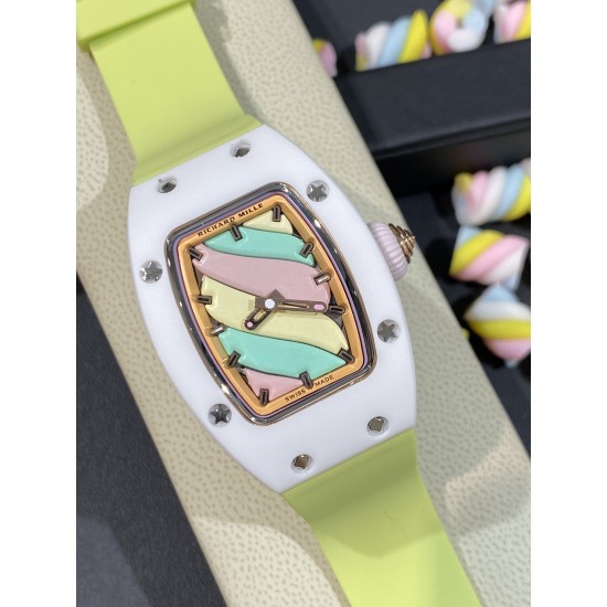 实拍 理查德米勒 RichardMille 糖果棉花糖 最新爆款 bon bon系列最稀有的作品!克服传统工艺打破模式!钟表最受尊敬的技术之一。不是所有人的嫁妆,棉花糖运动曲线和颜色,它们是诱人的。有了理查德米勒,实现了把棉花糖戴在你的手腕上!白色陶瓷加上黄粉绿搪瓷表盘,RM-07柔和的颜色创造了一个组合...甜蜜!糖果店的一次旅行,一个让人难以置信的艺术品。你会戴上它吗? 实拍 理查德米勒 RichardMille 糖果棉花糖 最新爆款 bon bon系列最稀有的作品!克服传统工艺打破模式!钟表最受尊敬的技术之一。不是所有人的嫁妆,棉花糖运动曲线和颜色,它们是诱人的。有了理查德米勒,实现了把棉花糖戴在你的手腕上!白色陶瓷加上黄粉绿搪瓷表盘,RM-07柔和的颜色创造了一个组合...甜蜜!糖果店的一次旅行,一个让人难以置信的艺术品。你会戴上它吗?
