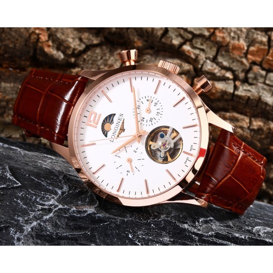 实物拍摄品牌：浪琴-LONGINES 百分百防水类型：[酷]男士腕表表壳：316精钢（做工优质）表带：进口小牛带/316精钢（两种可选）机芯：高级定制全自动机械机芯（走时稳定）玻璃：高级强化镀膜镜面尺寸：直径43mm，厚度13mm