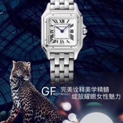 卡地亚猎豹Panthre de Cartier。华丽而不羁，是Panthre de Cartier猎豹所传达的美学风格。它线条流畅，魅惑动人，柔软服帖于腕间，宛若在肌肤上翩翩起舞。独特的造型彰显成熟优雅、自信动人的女性形象。GF工厂以精湛技艺，原装开模，打造出与正品无异的精美流线表耳，与表壳一体成型。搭载瑞士朗达石英机芯，316L精钢壳套，尺寸：27 x 37毫米，厚度：6毫米，表冠镶嵌一颗合成蓝色尖晶石，镀银表盘，剑形蓝钢指针，100%三度防水。搭配专柜旅行包装物料。商品规格:默认规格