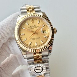 【APEX新品发布】劳力士ROLEX DATEJUST间黄金日志型腕表，包金系列，而且是具有真正K金制作工艺，永久不脱色与掉落特征，而且做工精细，最重要的是区别于以往表带侧面没有包金而呈钢色的现象，现以能呈现出“四面一体”都是真K金的实感！男女都适合的尺寸，并行代购版DATEJUST，完美修正十年间所有副本的不足和缺陷，36mm男女都适合的表径尺寸，搭载ETA2836机并搭配正品代购包装物料，重新定义最高品质的DATEJUST副本，真正的A级副本劳力士DATEJUST。