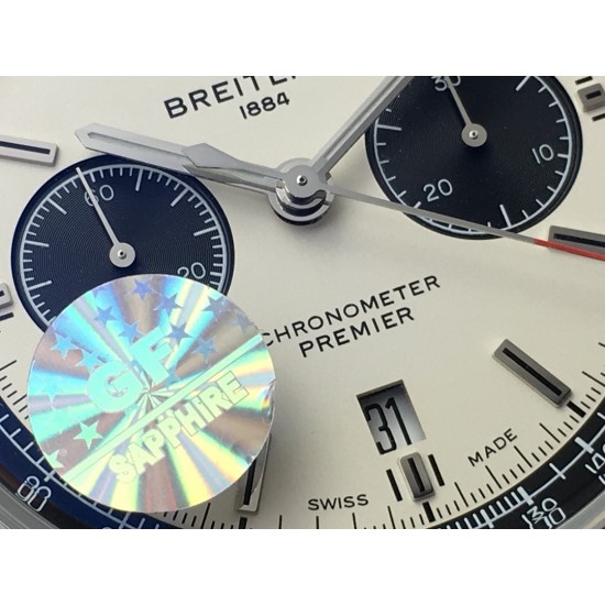 GF新品百年灵璞雅B01计时腕表Premier B01 Chronograph (吴彦祖同款)材质: 316L精钢直径: 42毫米厚度: 13.65毫米表镜: 锅盖弧面蓝宝石,双面防眩处理表底: 旋入式精钢,透明蓝宝石表冠: 非旋入式,双密封垫机芯:Asia-7750机芯GF出品,复刻首选! GF新品百年灵璞雅B01计时腕表Premier B01 Chronograph (吴彦祖同款)材质: 316L精钢直径: 42毫米厚度: 13.65毫米表镜: 锅盖弧面蓝宝石,双面防眩处理表底: 旋入式精钢,透明蓝宝石表冠: 非旋入式,双密封垫机芯:Asia-7750机芯GF出品,复刻首选!