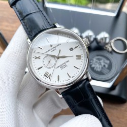 实物拍摄品牌：江诗丹顿 -Vacheron Constantin  类型：[酷]男士腕表表壳：316精钢（做工优质）表带：进口真牛皮/原装针扣机芯：进口西铁城8215全自动机械机芯（走时稳定）玻璃：高级强化镀膜镜面尺寸：直径40mm，厚度12.5mm
