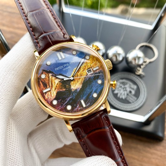 实物拍摄品牌：百达翡丽-PATEK PHILPPE 类型：[酷]男士腕表表壳：316精钢（做工优质）表带：进口小牛皮/原装针扣机芯：进口西铁城8215全自动机械机芯(走时稳定)材料：高级强化镀膜镜面尺寸：直径40mm 厚度12mm