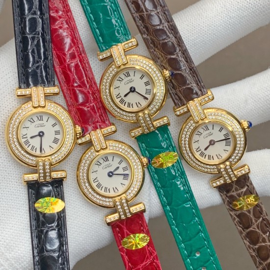 .鳄鱼皮版本卡地亚小旋风must de小金表vintage中古断货王，性价比高闭眼入。神仙颜值美绝trinity，小孩子才做选择，成年人都是all in![色]表径24mm，超薄厚度6.3mm，搭载瑞士石英机芯，罗马刻度奶油盘，简洁大两针，后镶天然美钻搭配鳄鱼皮表带更奢华超级闪。可仙可盐可甜，精致优雅上手绝美。时尚是一个经典的轮回～说不定今年的复古风，你就是走得最驾轻就熟的一个。推荐指数：⭐⭐⭐⭐⭐