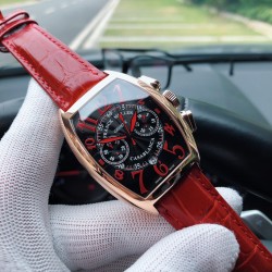 SJ出品 法兰克 穆勒(Franck Muller) F7 尺寸51*17mm 采用日本多功能石英机芯 独特复古的酒桶壳身设计 配置多彩色牛皮 就像美式嘻皮士的皮衣 敢梦想 享自由 三杰精致推荐男士多功能石英腕表 SJ为你精心挑选超真实实物图拍摄