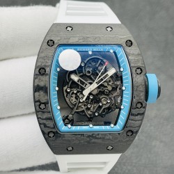 ZF高科技再造传奇RICHARD MILLE碳纤维限量款理查德米勒RM055“白色传奇”全球限量腕表美到极致的视觉冲击表壳呈酒桶形，采用三件式结构，上下表圈和表环分别以NTPT碳纤维和喷砂钛金属打造。“白色传奇”款配备白色内圈、指针和表冠衬垫；表盘法兰盘由黑色碳纤维制成，时标经同源荧光涂层。法兰盘经钻碳(DLC)处理。机芯与表盘融为一体，选择了5级钛作为这种“骨架”运动的基板和桥梁，提供高强度运动精度和可靠性。NTPT材质的成功开发使ZF开拓了复刻表从材料科技层面上的突破ZF出品 必属精品