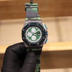 随机送迷彩橡胶带一副品牌：爱彼 Audemars Piguet系列：皇家橡树离岸型限量多功能机械腕表尺寸：44MM13MM机芯：复刻原装3126全自动机械机芯镜面：反炫光处理蓝宝石水晶玻璃材料：进口316精钢鑫表壳表带:   进口橡胶表带表扣:   原装针扣(H厂出品，市场最高版本，超高品质，超A做工，非市场普通货，硬汉必备神器)