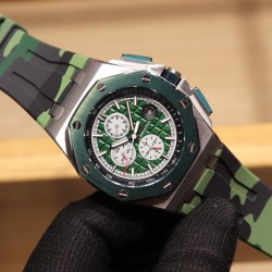 随机送迷彩橡胶带一副品牌：爱彼 Audemars Piguet系列：皇家橡树离岸型限量多功能机械腕表尺寸：44MM13MM机芯：复刻原装3126全自动机械机芯镜面：反炫光处理蓝宝石水晶玻璃材料：进口316精钢鑫表壳表带:   进口橡胶表带表扣:   原装针扣(H厂出品，市场最高版本，超高品质，超A做工，非市场普通货，硬汉必备神器)