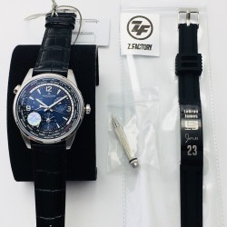 ZF再推爆品——积家北宸系列地理学家世界时腕表（904847Z）【三大“毒”家魅力】数据吻合：腕表尺寸42mmX11.5mm大小厚度全方位同步原版。表盘：盘面的磨砂质感细腻温和，蓝黑渐变色调和正品保持一致。功能：MIYOTA.9110芯改积家CAL.939A/1型机芯，实现原装所有功能——包括时分秒，日期，白天黑夜显示，世界时显示还有动力储存显示。ZF出品 必属精品欢迎广大表友共同体验ZF的渐变精妙吧！