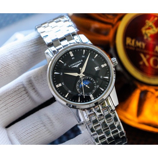 实物拍摄品牌：浪琴-LONGINES  类型：[酷]男士腕表表壳：316精钢（做工优质）表带：进口小牛皮/316精钢（两种可选）机芯：高级定制全自动机械机芯（走时稳定）玻璃：高级强化镀膜镜面尺寸：直径40mm，厚度12mm