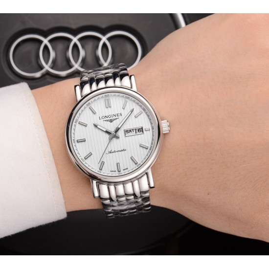 浪琴(LONGINES)✨✨✨火爆新品 搭载瑞士全自动机械机芯  316精钢表壳 大气三针双历设计 简约时尚 优雅尊贵 进口镀膜超强镜面 真牛皮表带 商务休闲 精致型男首选 [玫瑰][玫瑰][玫瑰] 直径42mm 厚11mm