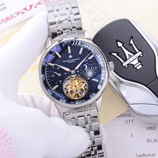 品牌：江诗丹顿 -Vacheron Constantin  类型：[酷]男士夜光腕表表壳：316精钢（做工优质）表带：进口真牛皮/316精钢（两种可选）机芯：高级定制全自动星辰月相驼飞轮机械机芯（走时稳定）玻璃：高级强化镀膜镜面尺寸：直径41mm，厚度13mm。