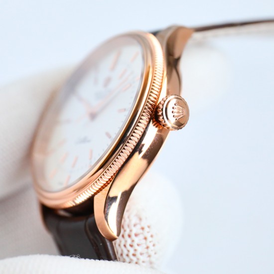 包金 劳力士 ROLEX 切利尼系列:RW1 时间型50505[尺寸]:39*11mm一体自动机 而稳定，大三针、一档无日历切利尼标志性圆拱形三角坑纹外圈[指针]:瑞士顶级批花工艺  【镜面】防刮蓝宝石水晶镜面air双层无色镀膜[表带】意大利小牛皮表带，质地柔软，佩戴舒适【表扣]原装开模针扣方便使用 S1精致推荐男士机械腕表