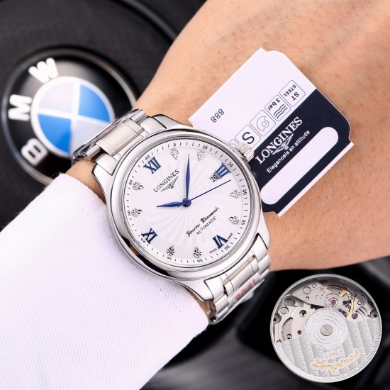 实物拍摄品牌：浪琴-LONGINES  名匠系列  销量冠军类型：[酷]男士腕表表壳：316精钢（做工优质）表带：进口小牛皮/316精钢（两种可选）机芯：进口8215全自动机械机芯（走时稳定）玻璃：高级强化镀膜镜面尺寸：直径39mm，厚度12mm