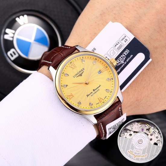 实物拍摄品牌：浪琴-LONGINES  名匠系列  销量冠军类型：[酷]男士腕表表壳：316精钢（做工优质）表带：进口小牛皮/316精钢（两种可选）机芯：进口8215全自动机械机芯（走时稳定）玻璃：高级强化镀膜镜面尺寸：直径39mm，厚度12mm