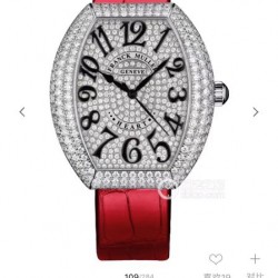 法兰克穆勒-FRANCK MULLER（FM），LADIESCOLLECTION系列，瑞士石英机芯，蓝宝石水晶玻璃，进口意大利牛皮制作仿真鳄鱼皮，光泽度饱满，316精钢镀14k金镶钻，尺寸34x39.5mm、厚度：8.5mm。
