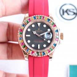 顶级做工KS出品：升级版劳力士金游艇Rolex yacht Master 116695SATS “糖豆”震撼来袭[色] 再度升级，糖豆彩钻版，集合上一代版本的优良做工，业内最顶尖的宝石工艺，同时全面升级基础不锈钢材质，使用真正的日本含镍不锈钢材料作为基础材料，模仿正品的永恒玫瑰金金钢技术，镀层更加持久耐用，耐腐蚀。装载2836、3135机芯，尺寸40mm。蓝光放大镜，超强夜光！现下单额外赠送胶带一副！