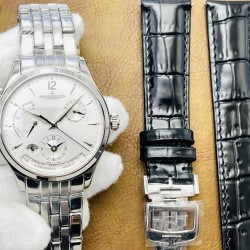 【V9 Factory墙裂推荐 市场最高版本】积家大师系列1428121腕表！1⃣️钢带经过长达3年时间精心研发，13套大大小小零散模具，39道工序的磨合，每一个菱角.细角凹凸明显可见，对表图明显无差异！2⃣️39毫米的直径设计(尺寸专柜一样，非42不对版）3⃣️表盘布置10点钟的动能显示窗，2点钟的日历显示盘，6点钟位置的第二时区显示盘，还有最下面的世界时显示窗，搭配的完美无瑕，堪称经典之作。4⃣️搭载积家自动的CaL.939自动上链机芯。V9 Factory匠心力作  欢迎各位表友品鉴！
