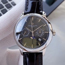PP最新款式 百达翡丽Patek Philippe 搭配进口9100多功能机芯（零返修）功能（24小时,星期，星辰，月份）进口316精钢！搭配意大利进口小牛皮！原装折叠扣！尺寸42mm。耐磨防刮蓝宝石玻璃！超强防水50米！简约而不简单！百达翡丽，你值得拥有！