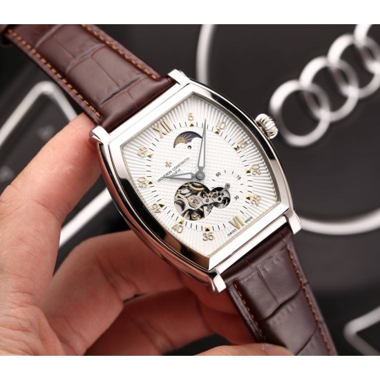 实物拍摄品牌：江诗丹顿 -Vacheron Constantin 酒桶型类型：[酷]男士腕表表壳：316精钢（做工优质）表带：进口小牛皮/316精钢（两种可选）机芯：高级定制全自动机械机芯（走时稳定）玻璃：高级强化镀膜镜面尺寸：直径41.5*43mm，厚度13mm