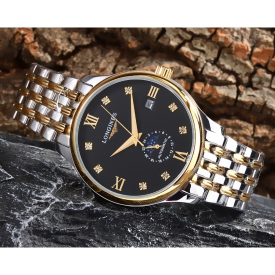 实物拍摄品牌：浪琴-LONGINES 类型：[酷]男士腕表表壳：316精钢（做工优质）表带：进口小牛皮/316精钢（两种可选）机芯：高级定制全自动机械机芯（走时稳定）玻璃：高级强化镀膜镜面尺寸：直径40mm，厚度12.5mm