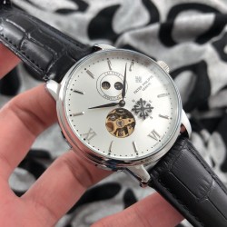 实物拍摄品牌：百达翡丽-PATEK PHILPPE 类型：[酷]男士腕表表壳：316精钢（做工优质）表带：进口小牛皮/316精钢(两种可选)机芯：高级定制全自动机械机芯(走时稳定)材料：高级强化镀膜镜面尺寸：直径40mm 厚度12.5mm