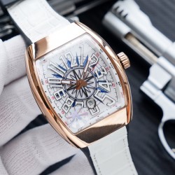 K厂出品:法兰克穆勒V45 SC DT系列54*42mm 全自动日本机械机芯 蓝光镀膜玻璃 超强夜光，日历窗放大镜，意大利牛皮表带底部橡胶，可搭配美洲鳄鱼皮纹，316精钢敖表壳，折叠原装扣 糅合商务设计风格 中间完美弧线夹层设计！！！