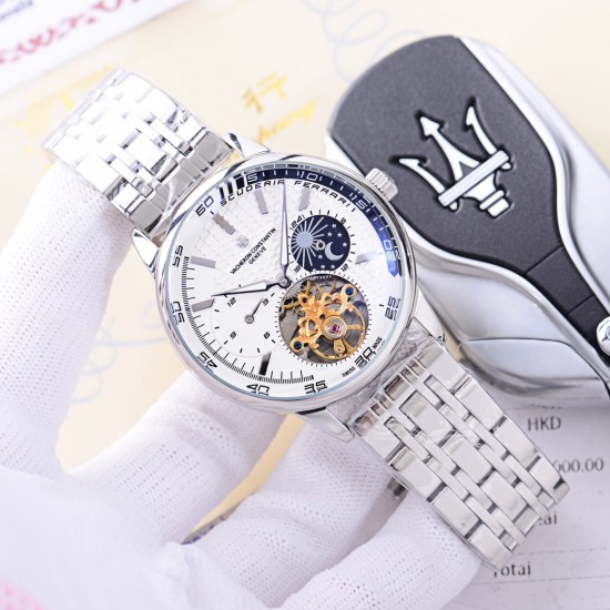 品牌：江诗丹顿 -Vacheron Constantin  类型：[酷]男士夜光腕表表壳：316精钢（做工优质）表带：进口真牛皮/316精钢（两种可选）机芯：高级定制全自动星辰月相驼飞轮机械机芯（走时稳定）玻璃：高级强化镀膜镜面尺寸：直径41mm，厚度13mm。