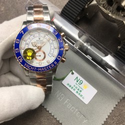 品牌：劳力士Rolex N9新作推荐系列：游艇名仕型Ⅱ男士腕表款式：自动机械，直径44毫米，材质：316L精钢，微纳米电镀；劳力士Ring Command旋转外圈（双向90旋转），配蓝色Cerachrom陶质字圈，金涂层数字机芯型号：ETA7750表扣类型：折叠扣防水深度：50米 N9匠心之作 值得你拥有！（附送专用擦表工具+专用擦表布）