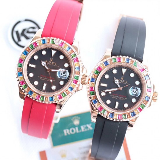 顶级做工KS出品：升级版劳力士金游艇Rolex yacht Master 116695SATS “糖豆”震撼来袭[色] 再度升级，糖豆彩钻版，集合上一代版本的优良做工，业内最顶尖的宝石工艺，同时全面升级基础不锈钢材质，使用真正的日本含镍不锈钢材料作为基础材料，模仿正品的永恒玫瑰金金钢技术，镀层更加持久耐用，耐腐蚀。装载2836、3135机芯，尺寸40mm。蓝光放大镜，超强夜光！现下单额外赠送胶带一副！