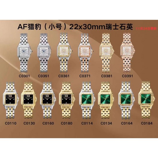 AF卡地亚Cartier猎豹PANTHERE DE CARTIER系列出品[庆祝][庆祝][庆祝]机芯类型：瑞士石英机芯表径尺寸小号：22*30毫米表径尺寸中号：27*37毫米表盘