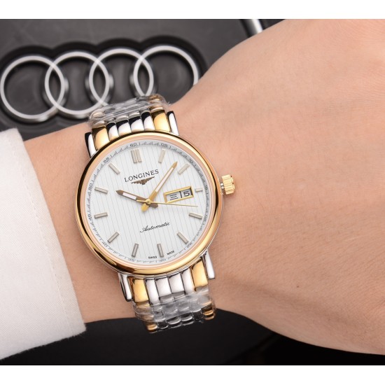 浪琴(LONGINES)✨✨✨火爆新品 搭载瑞士全自动机械机芯  316精钢表壳 大气三针双历设计 简约时尚 优雅尊贵 进口镀膜超强镜面 真牛皮表带 商务休闲 精致型男首选 [玫瑰][玫瑰][玫瑰] 直径42mm 厚11mm