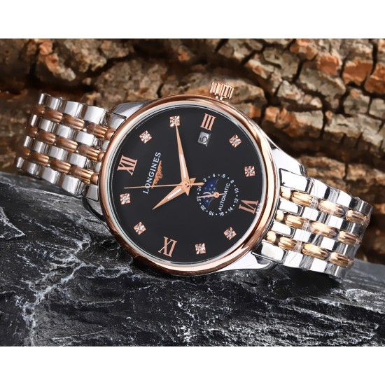 实物拍摄品牌：浪琴-LONGINES 类型：[酷]男士腕表表壳：316精钢（做工优质）表带：进口小牛皮/316精钢（两种可选）机芯：高级定制全自动机械机芯（走时稳定）玻璃：高级强化镀膜镜面尺寸：直径40mm，厚度12.5mm