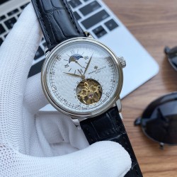 实物拍摄品牌：江诗丹顿 -Vacheron Constantin类型：[酷]男士腕表表壳：316精钢（做工优质）表带：进口真牛皮/316精钢（两种可选）机芯：高级定制全自动机械机芯（走时稳定）玻璃：高级强化镀膜镜面尺寸：直径41mm，厚度12.5mm