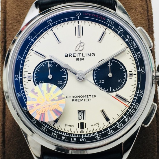 GF新品百年灵璞雅B01计时腕表Premier B01 Chronograph (吴彦祖同款)材质: 316L精钢直径: 42毫米厚度: 13.65毫米表镜: 锅盖弧面蓝宝石,双面防眩处理表底: 旋入式精钢,透明蓝宝石表冠: 非旋入式,双密封垫机芯:Asia-7750机芯GF出品,复刻首选! GF新品百年灵璞雅B01计时腕表Premier B01 Chronograph (吴彦祖同款)材质: 316L精钢直径: 42毫米厚度: 13.65毫米表镜: 锅盖弧面蓝宝石,双面防眩处理表底: 旋入式精钢,透明蓝宝石表冠: 非旋入式,双密封垫机芯:Asia-7750机芯GF出品,复刻首选!