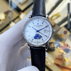 实物拍摄品牌：江诗丹顿 -Vacheron Constantin 最新推出类型：[酷]男士腕表表壳：316精钢（做工优质）表带：进口真牛皮/316精钢（两种可选）机芯：高级定制全自动机械机芯（走时稳定）玻璃：高级强化镀膜镜面尺寸：直径40mm，厚度12.5mm
