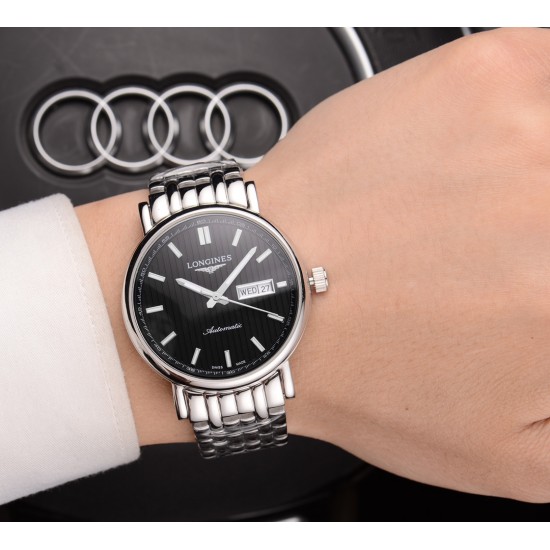 浪琴(LONGINES)✨✨✨火爆新品 搭载瑞士全自动机械机芯  316精钢表壳 大气三针双历设计 简约时尚 优雅尊贵 进口镀膜超强镜面 真牛皮表带 商务休闲 精致型男首选 [玫瑰][玫瑰][玫瑰] 直径42mm 厚11mm