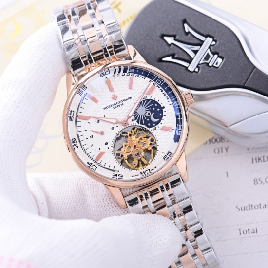 品牌：江诗丹顿 -Vacheron Constantin  类型：[酷]男士夜光腕表表壳：316精钢（做工优质）表带：进口真牛皮/316精钢（两种可选）机芯：高级定制全自动星辰月相驼飞轮机械机芯（走时稳定）玻璃：高级强化镀膜镜面尺寸：直径41mm，厚度13mm。