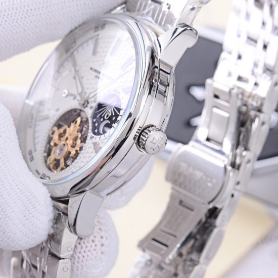 品牌：江诗丹顿 -Vacheron Constantin  类型：[酷]男士夜光腕表表壳：316精钢（做工优质）表带：进口真牛皮/316精钢（两种可选）机芯：高级定制全自动星辰月相驼飞轮机械机芯（走时稳定）玻璃：高级强化镀膜镜面尺寸：直径41mm，厚度13mm。