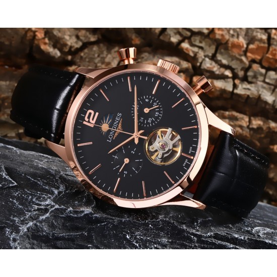 实物拍摄品牌：浪琴-LONGINES 百分百防水类型：[酷]男士腕表表壳：316精钢（做工优质）表带：进口小牛带/316精钢（两种可选）机芯：高级定制全自动机械机芯（走时稳定）玻璃：高级强化镀膜镜面尺寸：直径43mm，厚度13mm