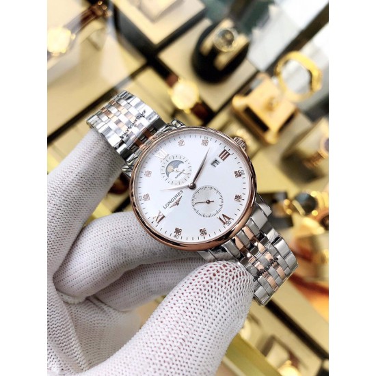 品牌:浪琴-LONGINES 表带:进口小牛皮/316精钢机芯:全自动机械机芯玻璃:高级强化镀膜镜面尺寸:直径40mm,厚度12mm 品牌:浪琴-LONGINES 表带:进口小牛皮/316精钢机芯:全自动机械机芯玻璃:高级强化镀膜镜面尺寸:直径40mm,厚度12mm