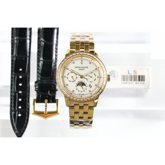 年末巨献“pp时尚新款 PATEK PHILIPPE【新年巨献 最高版本】百达翡丽超级复杂多功能系列(5721P-002)ZF厂高品质钢带款变运动系列原装9100升级版机芯。所有功能同正品(3字位月份显示 6字位24小时显示 9字位24小时和日月星辰显示),和原装一样的带水平压纹工艺,带荧光刻度 ,41mm直径。316L精钢镀金,原装进口蓝宝石水晶镜面。5721和5721P款的外钻为施华洛世奇钻,通透闪亮,气质非凡。在目前技术范畴内尽可能接近原装,此款腕表让您驾驭所有场合。 年末巨献“pp时尚新款 PATEK PHILIPPE【新年巨献 最高版本】百达翡丽超级复杂多功能系列(5721P-002)ZF厂高品质钢带款变运动系列原装9100升级版机芯。所有功能同正品(3字位月份显示 6字位24小时显示 9字位24小时和日月星辰显示),和原装一样的带水平压纹工艺,带荧光刻度 ,41mm直径。316L精钢镀金,原装进口蓝宝石水晶镜面。5721和5721P款的外钻为施华洛世奇钻,通透闪亮,气质非凡。在目前技术范畴内尽可能接近原装,此款腕表让您驾驭所有场合。